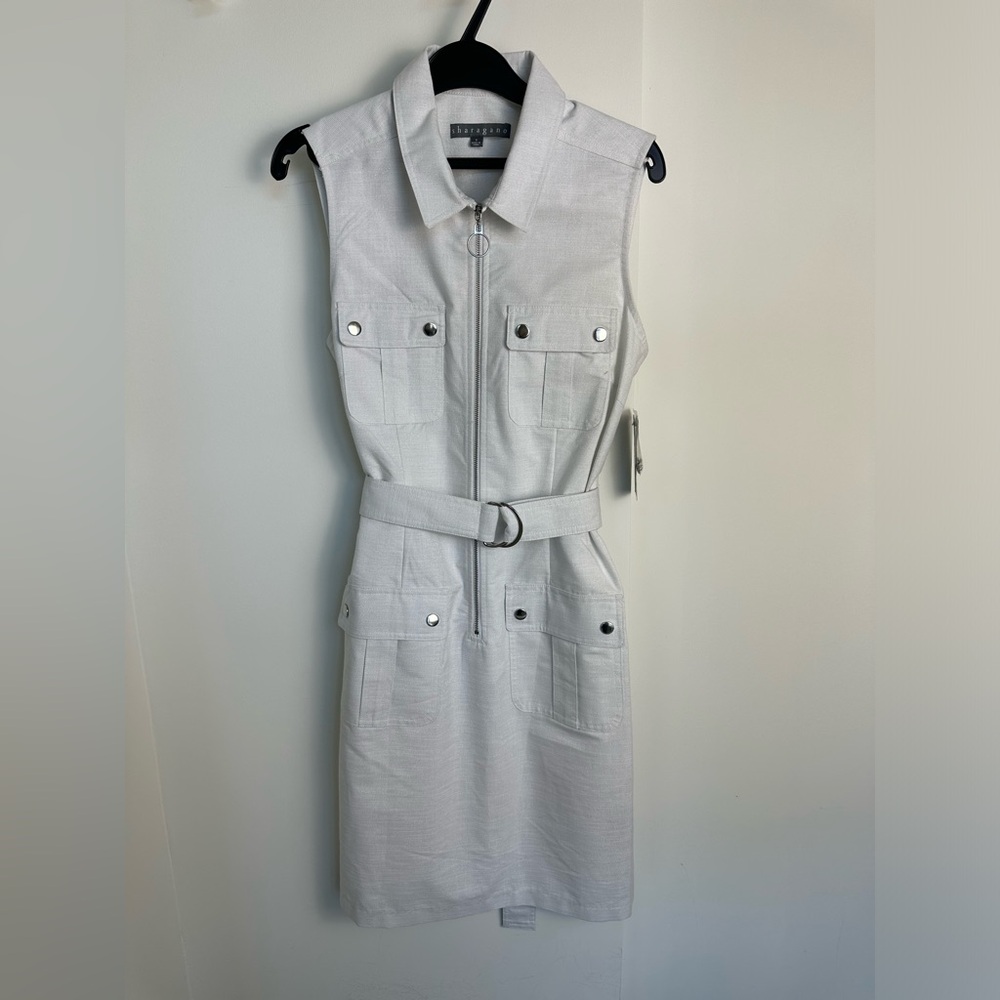 Sharagano Sleeveless Shirt Dress Light Silver Dress With Pockets - Size 6 - NWT